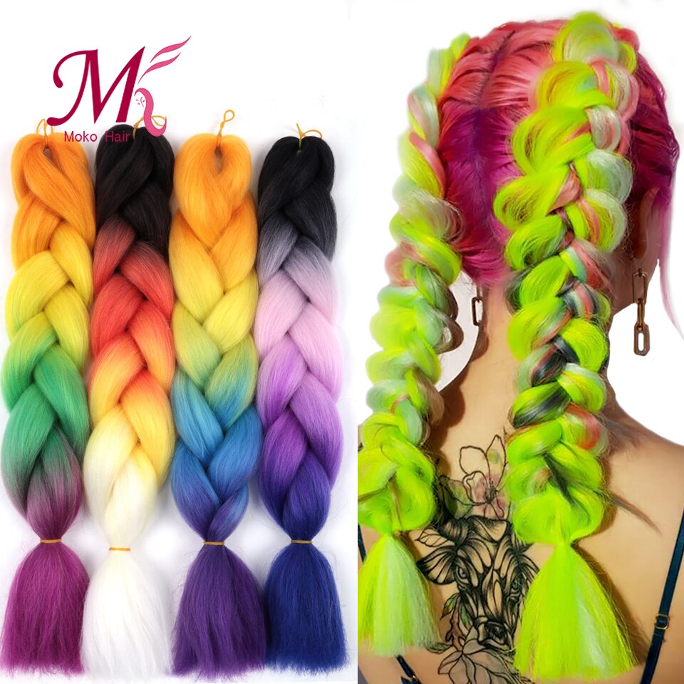 MoKoGoddess Three/Two Tone Synthetic Ombre Jumbo Braiding Hair Extensions 24inch 100g/pc Heat Resistant Colored Crochet Braids